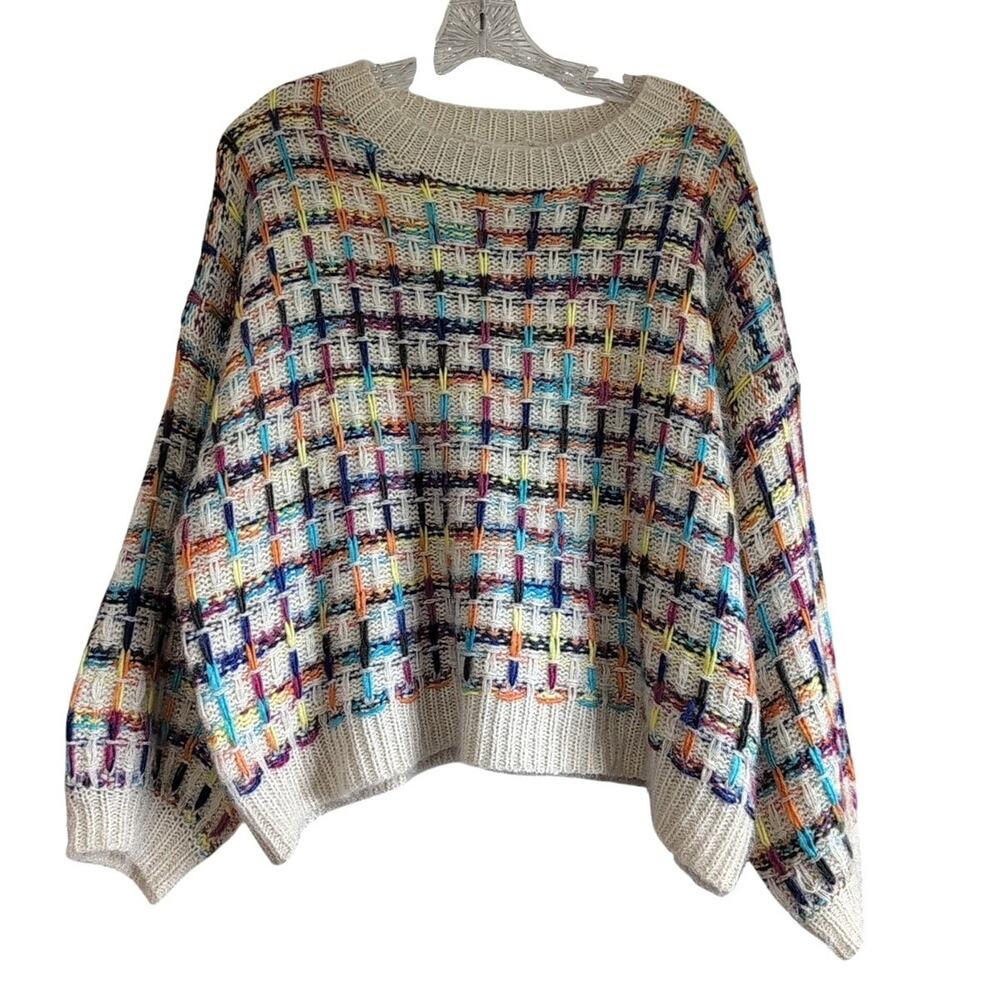 Adora Cream Multicolor Woven Plaid Pullover Sweater Size Medium Slouchy Cottage
